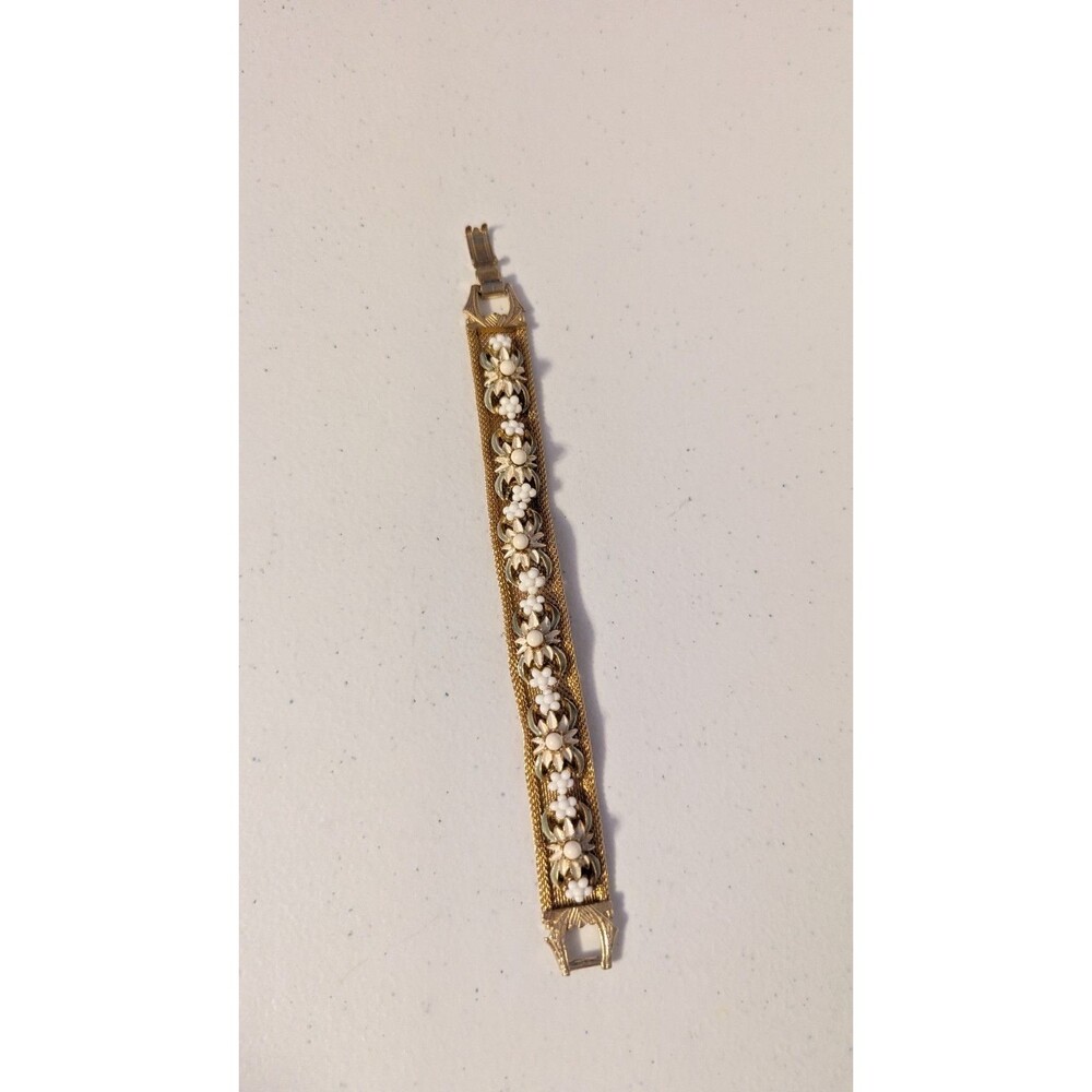 VTG Signed FLORENZA Gold Tone MESH Bracelet Faux Pearl Flowers Porcelain Accents